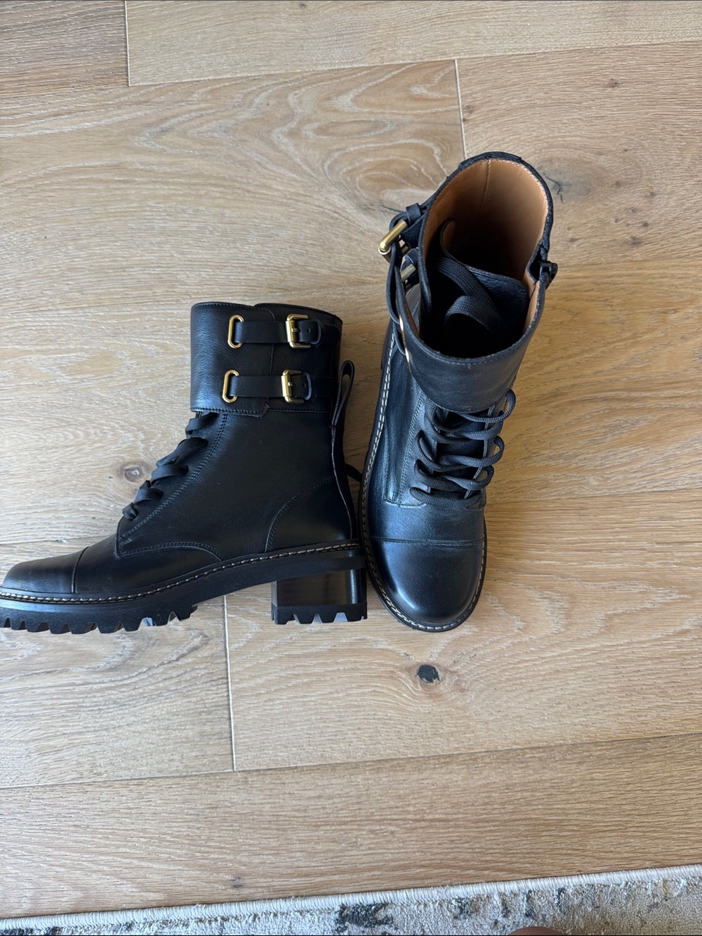 See By Chloé Black Leather Lace-Up Combat Boots with Double Buckles
